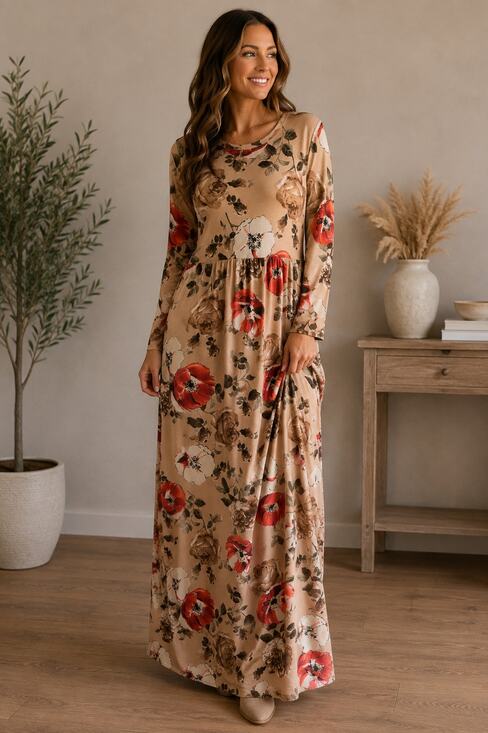 Bellamie Dresses & Skirts - Bellamie Floral Maxi Dress Large Beige Red Rose Long Sleeve Boho